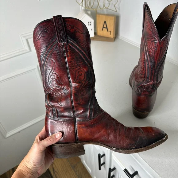Vintage Lucchese Men’s 12B Cowboy Boots Brown Burgundy Handmade Leather Western - Picture 8 of 11